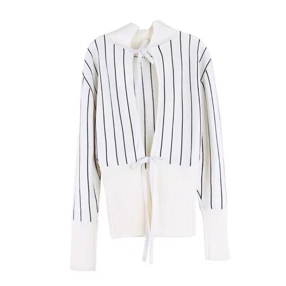 White Striped Cardigan Tie Sweater